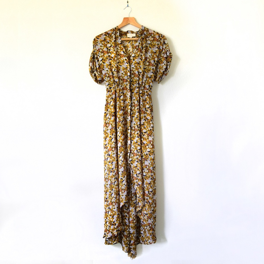 MELLÓDAY Sheer Golden Yellow with White Blooms Print MIDI Dress – XS